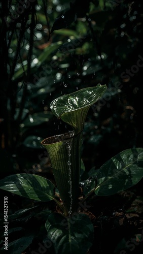 A close up of a pitcher plant with water droplets falling in a dark green forest environment