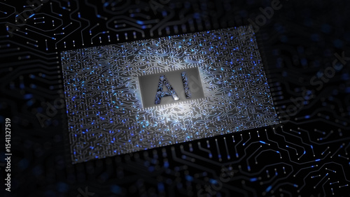 AI artificial intelligence chip on motherboard with circuits illustration.