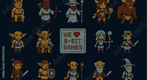 Pixel art characters for an 8-bit game, including humanoids, goblins, and mythical creatures.