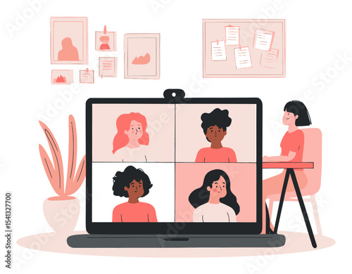 Cartoon Vector Illustration of Video Conference with People in Modern Office