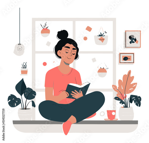 Cozy Woman Reading Book in Modern Indoor Space with Plants and Decor