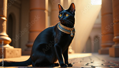 Regal Black Cat, elegantly adorned, sitting amidst sun-drenched sandstone columns