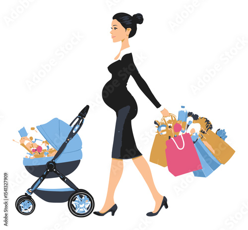 Stylish Pregnant Woman Shopping with Baby Stroller and Shopping Bags