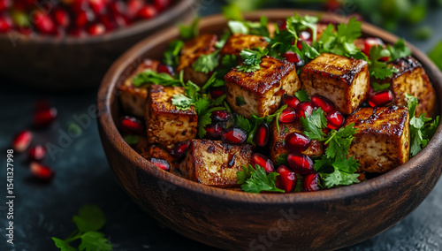 Delicious salad made with bright pomegranate seeds, colorful peppers, and fresh coriander leaves, served in a rustic wooden bowl against a dark textured background.
