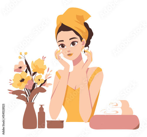 Relaxing woman at home with flowers and skincare products in cartoon style