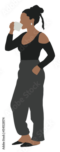 Elegant Woman in Black Outfit Enjoying a Cup of Coffee Vector Artwork