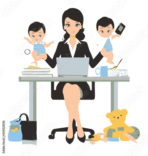 Busy Businesswoman Balancing Work and Twins in Cartoon Style