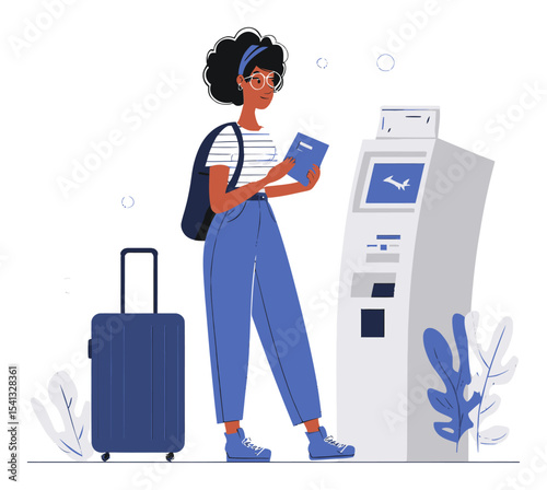 Young Woman at Ticket Machine with Luggage in Vector Cartoon Style