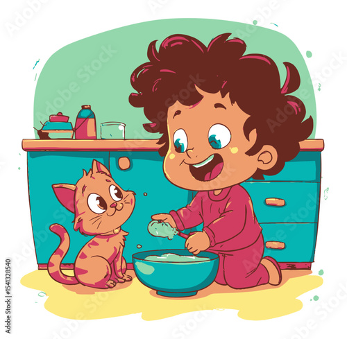 Happy Child and Playful Cat in a Colorful Kitchen Scene Illustration