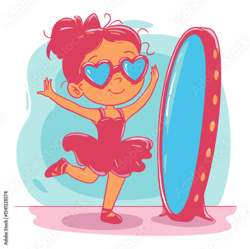 Cute Girl in Ballet Outfit with Heart Glasses and Mirror Reflection