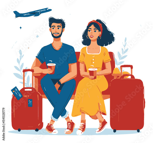 Happy Travelers with Luggage and Coffee in an Airport Illustration