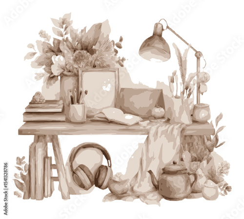 Cozy Artistic Workspace with Flowers and Desk Accessories in Warm Tones