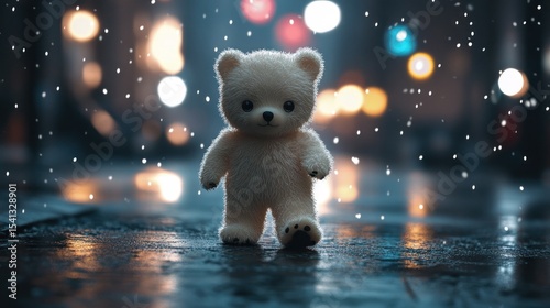 Teddy Bear in the Rain at Night