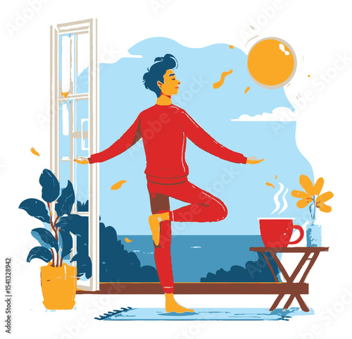 Young Person Practicing Yoga in Cozy Room with Sunshine and Green Plants