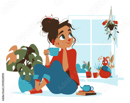Relaxing Woman Enjoying Tea in Cozy Room with Houseplants and Bright Window