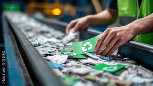 Reduce carbon impact by sorting recyclable material on conveyor belt in recycling facility for environmental sustainability
