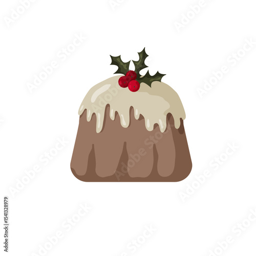 Traditional Christmas pudding with holly decoration on top for festive celebration