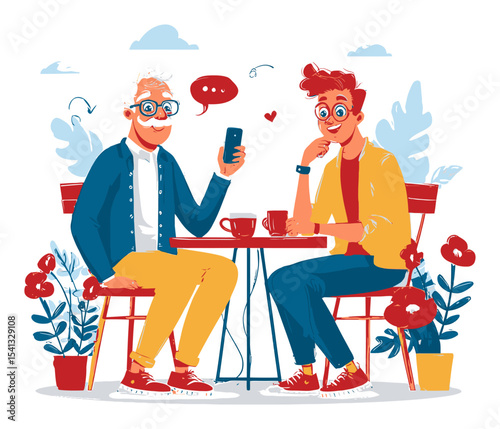 Vibrant Illustration of Conversation Between Senior and Young Adult in Cafe