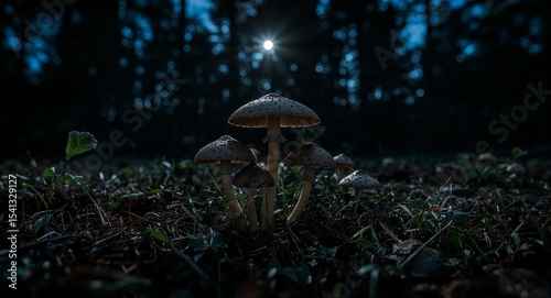 A cluster of mushrooms in a dark forest with a bright light shining through the trees at night time