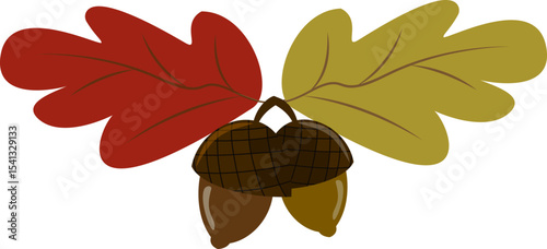 Cartoon illustration of a cluster of autumn oak leaves and two acorns on a white background. Perfect for autumn designs, nature prints, botanical projects, or seasonal decorations.