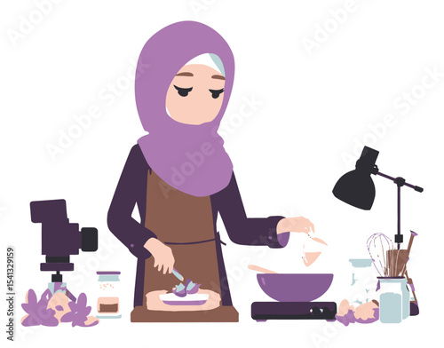 Woman in Hijab Cooking in a Modern Kitchen with Camera and Cooking Utensils