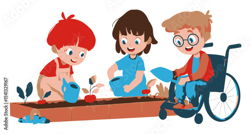 Children Engaging in Gardening Activities Together with Wheelchair Accessibility