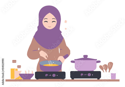 Happy Woman Cooking in Kitchen with Hijab and Smiling Expression