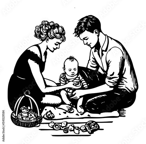Family Moment of Parents Engaging with Baby During Playtime Activities
