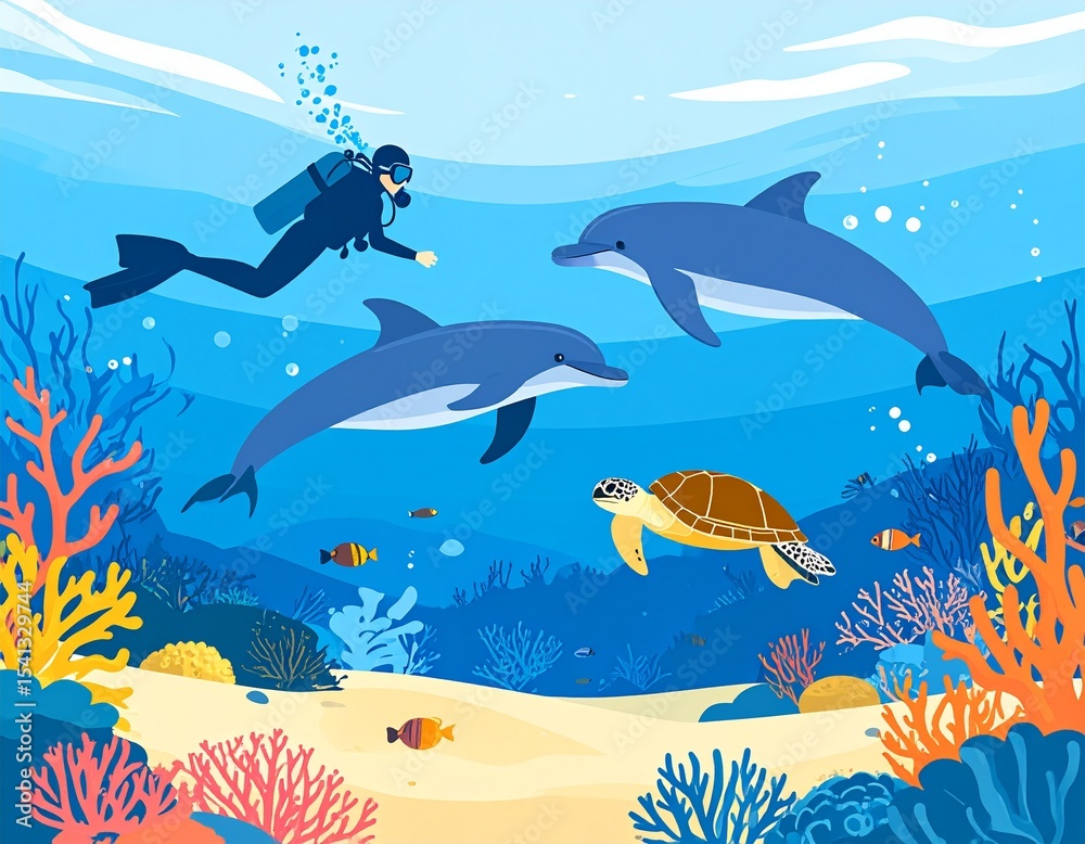 Fototapeta premium A scuba diver swimming alongside dolphins and sea turtles in a coral reef.