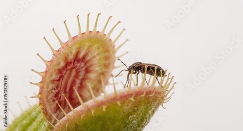 A close up of a small insect on a venus flytrap with a white background in a studio setting