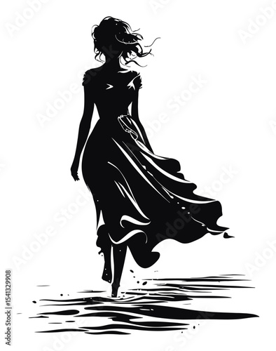 Elegant Abstract Silhouette of Woman in Flowing Dress Walking on Water