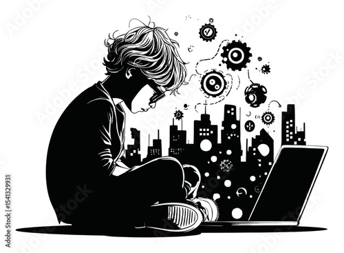 Abstract Illustration of a Child Drawing Concepts with Hand on Laptop
