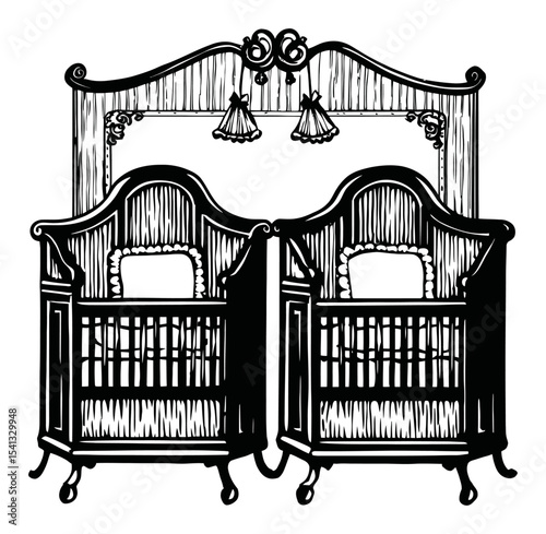 Elegant Hand-Drawn Vintage Cribs with Ornate Details for Home Decor