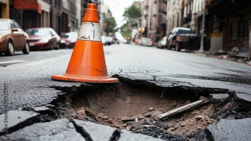 Huge sinkhole in city street marked by cone--collapsed asphalt and poor construction highlight. 