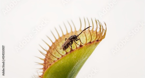 A fly trapped inside a venus flytrap with its jaws open on a white background in a close up shot