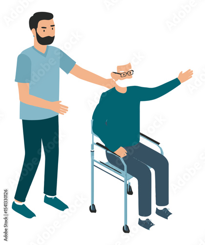 Caregiver Assisting Senior Man in Wheelchair with Gentle Gesture