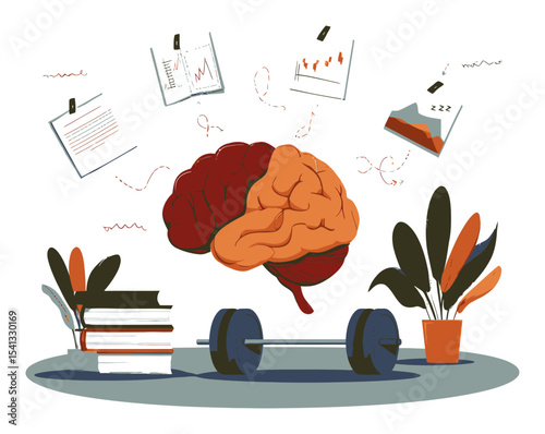 Cartoon Brain Lifting Weights with Books and Charts in a Creative Workspace