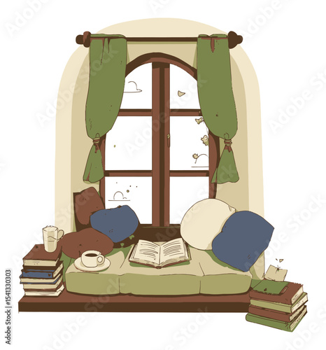 Cozy Cartoon Window Seat with Books and Coffee in a Vector Style