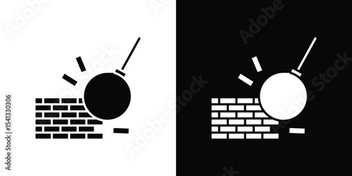 Demolition icon in flat black solid vector set