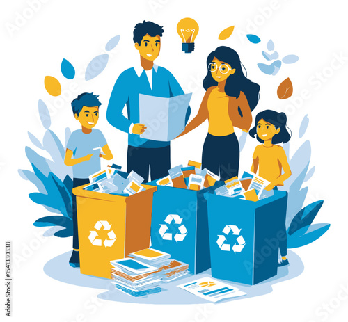 Family Engaging in Recycling Activities with Colorful Educational Materials