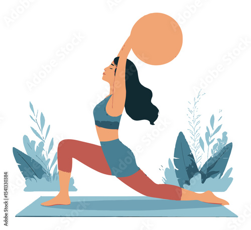 Young Woman Performing Stretching Exercise with Fitness Ball in Cartoon Style