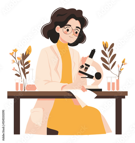 Young Female Scientist Conducting Research with Microscopes and Test Tubes