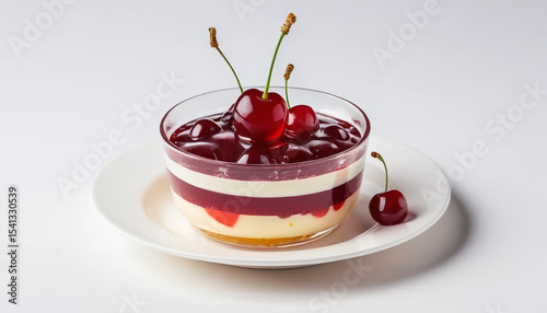 Layered cherry dessert with whipped cream topped with cherries surrounded by additional cherries on a white surface.  AI generated.