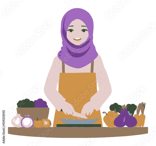 Happy Chef Cartoon in Apron Preparing Vegetables in a Kitchen Setting