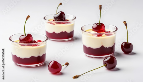 Layered cherry dessert with whipped cream topped with cherries surrounded by additional cherries on a white surface.  AI generated.