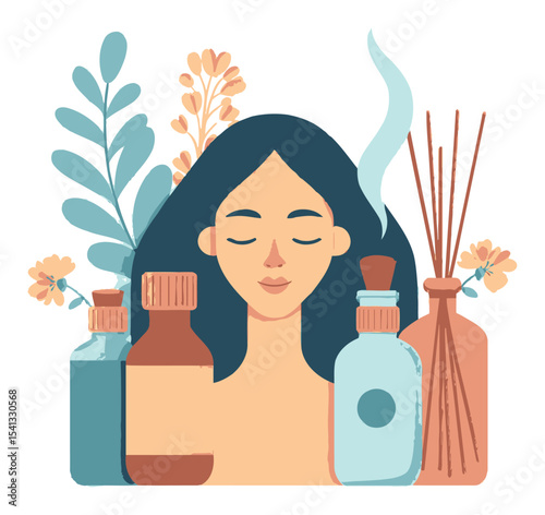 Serene Woman Surrounded by Herbal Bottles and Aromatic Sticks in Vector Art