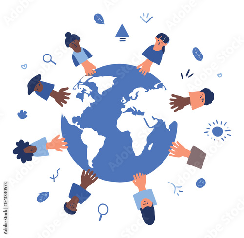 Hands Around Earth Cartoon Image Representing Unity and Global Connection