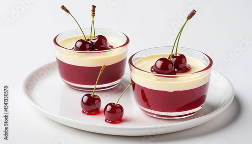 Layered cherry dessert with whipped cream topped with cherries surrounded by additional cherries on a white surface.  AI generated.