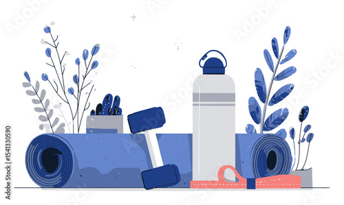 Fitness Equipment and Accessories in a Blue Cartoon Vector Style Artwork
