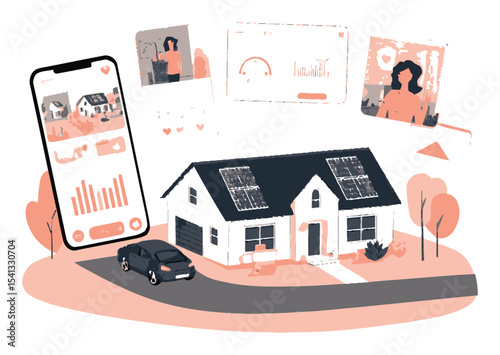 Modern Home Illustration with Smartphone and Digital Analytics in Vector Style